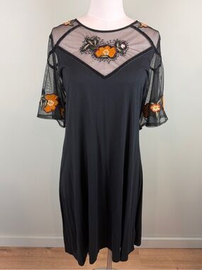 M&S Collection Black Mesh Yoke knit Dress w/ Orange Floral Embroidery UK16= US12